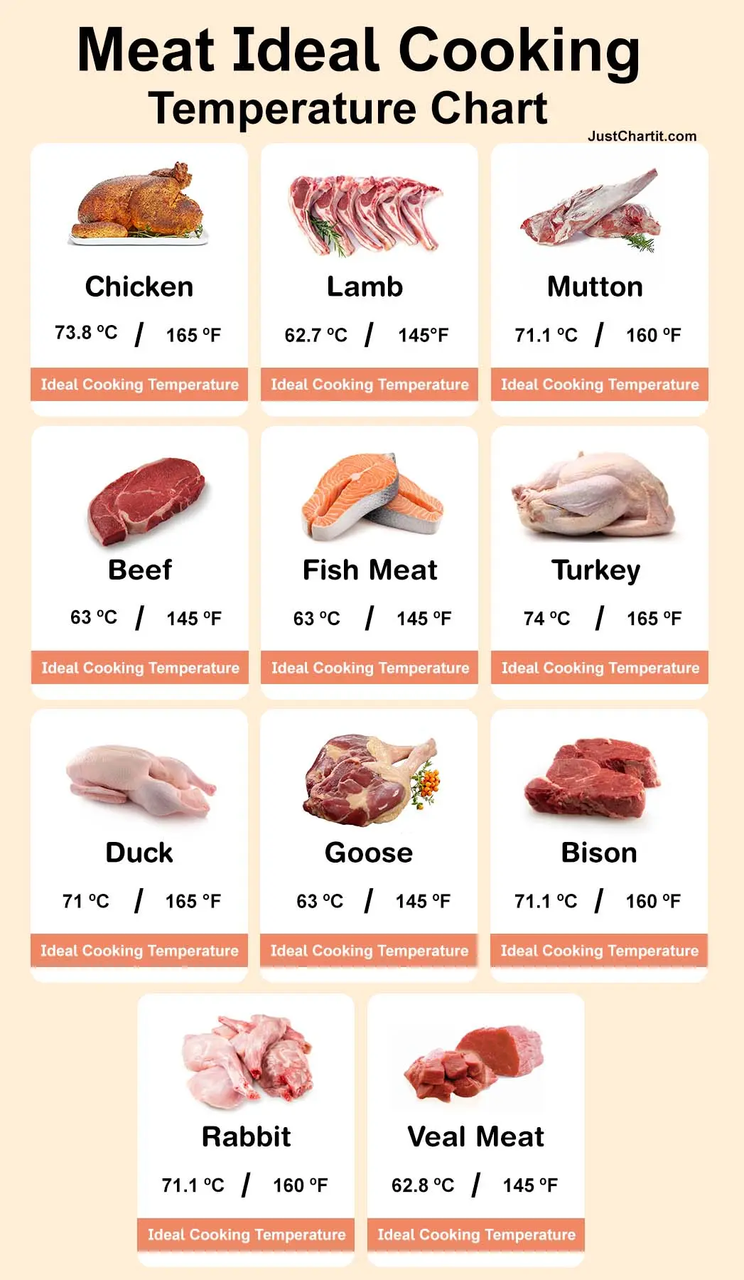 Meat Temperature Chart - Ideal Cooking temp in °C, °F